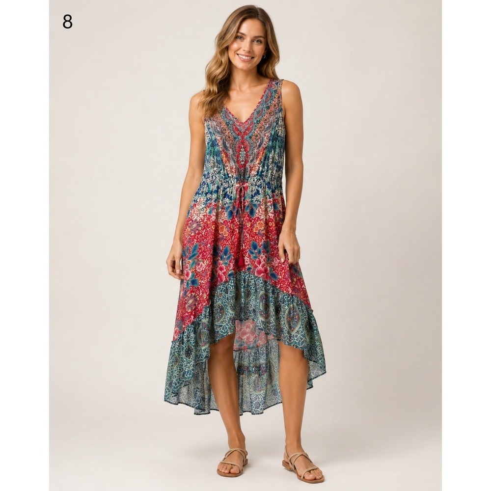 Avenue High Low Beachy Maxi Dress Womens 14/16 Pink Blue Beaded Tassels
